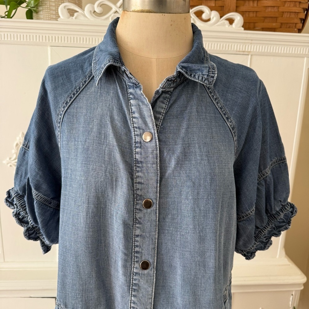 Oli & Hali Bubble Sleeve Tencel 
Chambray Denim Mini Shirt Dress - Picture 2 of 11